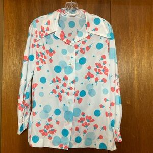 Vintage Floral Polka Dot Blouse - White, Turquoise, Red